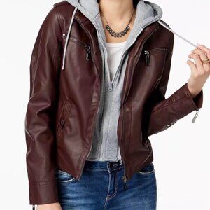 BLANKNYC Burgundy Gray Faux Leather Bomber Jacket w/Removable Hood Size Large